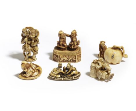 λ A COLLECTION OF SIX JAPANESE IVORY NETSUKE LATE EDO AND MEIJI PERIODS, LATE 18TH AND 19TH CENTURY variously carved as gods 
