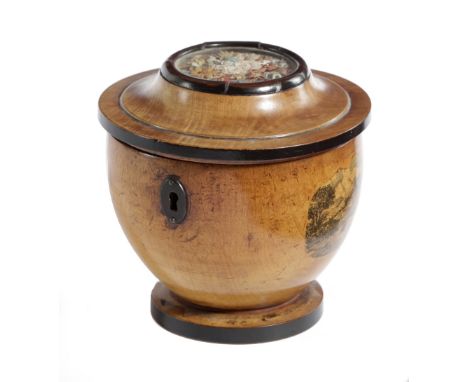 A FRUITWOOD TEA CADDY POSSIBLY GERMAN OR FRENCH, EARLY 19TH CENTURY the hinged lid decorated with a panel of fabric and cut-p