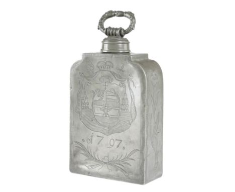 A DUTCH PEWTER COMMEMORATIVE FLASK DATED '1797' the screw-off cover with a double dolphin head handle, the body wriggle work 