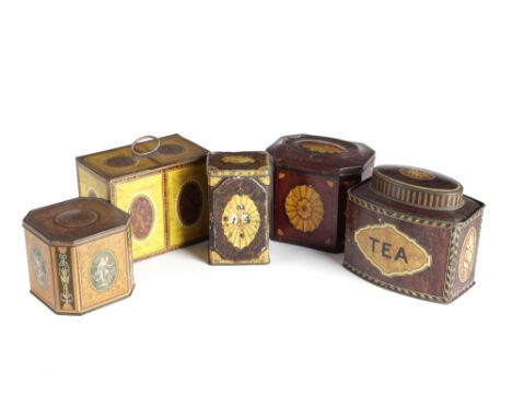 FIVE 'TEA CADDY' BISCUIT TINS EARLY 20TH CENTURY in George III style, including: one by William Crawford &amp; Sons, decorate