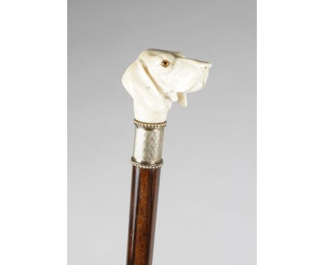 λ A FRENCH AUTOMATON IVORY HANDLED WALKING CANE C.1870 carved with a dog's head with an articulated jaw and glass eyes, above