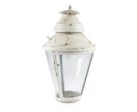 A WHITE PAINTED COPPER HALL LANTERN LATE 19TH CENTURY with a moulded leaf band above three curved glass tapering panels, with