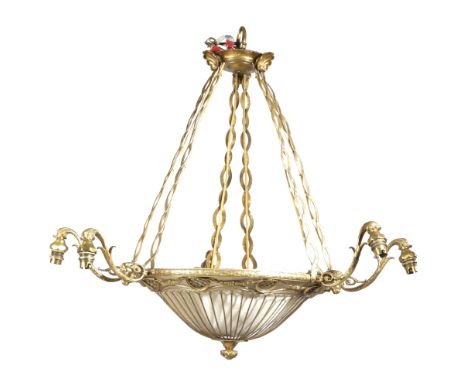 A GILT BRASS CEILING LIGHT IN 18TH CENTURY STYLE C.1910 decorated with shells, ribbons and ram's heads, with six lights and a