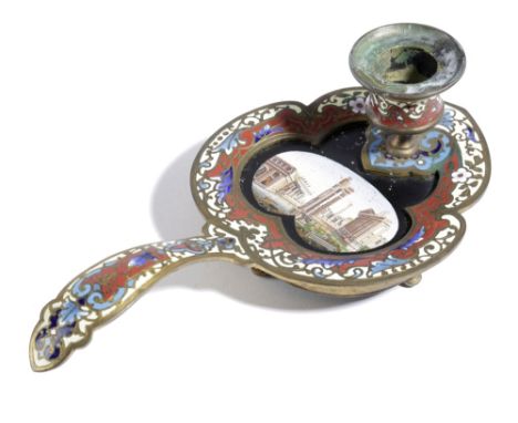 A 19TH CENTURY CHAMPLEVE ENAMEL AND MICROMOSAIC GRAND TOUR CHAMBERSTICK C.1860-70 of leaf shape and decorated with strapwork 