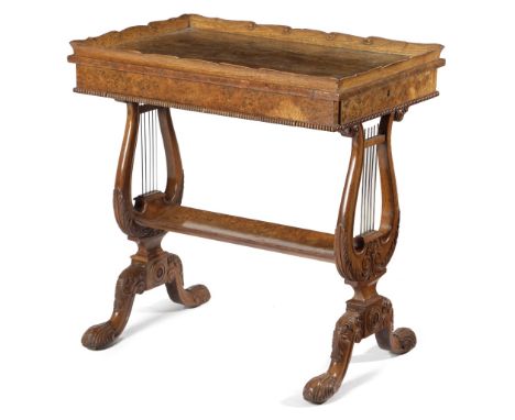 A GEORGE IV BURR OAK WORK TABLE ATTRIBUTED TO GILLOWS, C.1825-30 the tray top with a scroll carved edge, above a cedar lined 