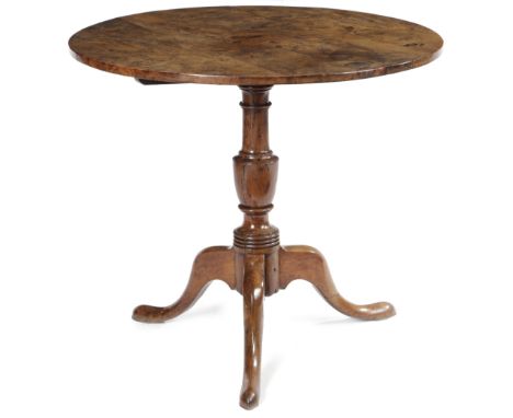 A GEORGE III YEW TRIPOD OCCASIONAL TABLE C.1770 the circular burr yew tilt-top on a vase turned stem and cabriole legs 68.9cm