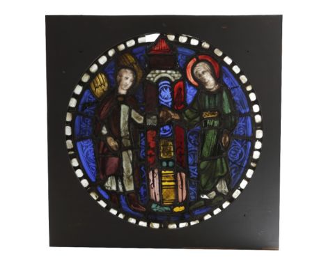 A EUROPEAN STAINED GLASS CIRCULAR PANEL PROBABLY FRENCH, 13TH CENTURY AND LATER depicting Joachim and Anna at the Golden Gate