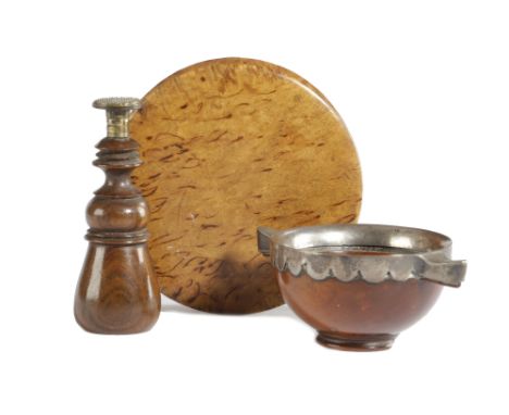 A SMALL SCOTTISH TREEN QUAICH SECOND HALF 19TH CENTURY with a silver coloured metal rim, inscribed 'Miss J. Hay to J. Wilkie'