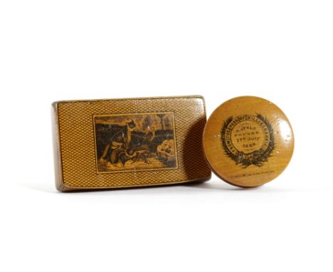 A SCOTTISH SYCAMORE MAUCHLINE WARE AND PENWORK SNUFF BOX EARLY 19TH CENTURY all over decorated with a lattice design, the hin