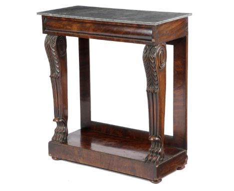 A GEORGE IV MAHOGANY CONSOLE TABLE C.1820 with nulled mouldings, the grey marble top above a cushion tablet frieze, on leaf c