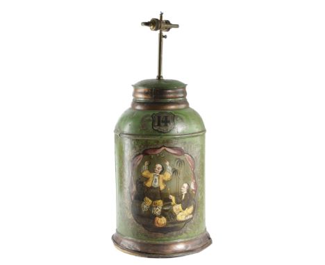 A GREEN JAPANNED TOLE TEA CANISTER LAMP C.1880-90 with a later twin-light fitting, the body painted with the figures of two C