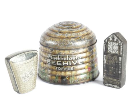 A MACKINTOSH'S 'BEEHIVE' TOFFEE TIN FIRST HALF 20TH CENTURY together with a Horniman's Ceylon Tea sample tin painted with a b