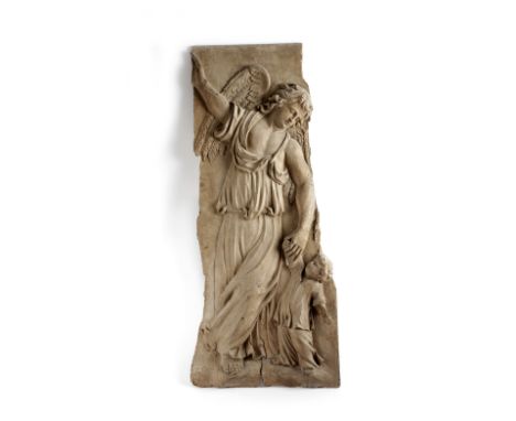 A FRENCH CARVED WALNUT RELIEF PANEL PROBABLY EARLY 18TH CENTURY depicting the angel Gabriel with a young boy 97.7 x 42cm