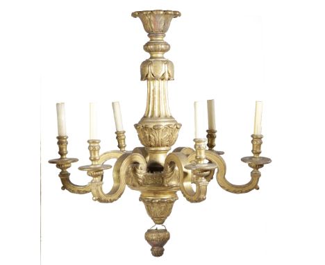 A CARVED GILTWOOD SIX-LIGHT CHANDELIER IN GEORGE II STYLE LATE 19TH / EARLY 20TH CENTURY carved with acanthus leaves, with a 