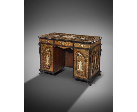 λ AN ITALIAN WALNUT AND IVORY INLAID TWIN PEDESTAL DESK LOMBARDY, 19TH CENTURY with ebonised banding, the top inlaid with a c