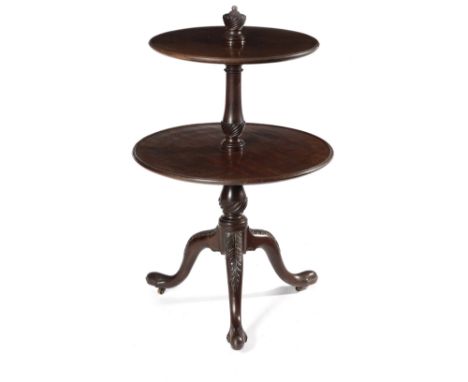 A GEORGE III MAHOGANY DUMB WAITER POSSIBLY IRISH, C.1770 with two dished revolving tiers, on a baluster turned stem, with spi