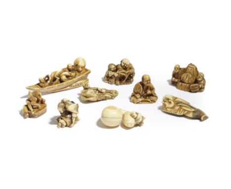 λ A COLLECTION OF NINE JAPANESE IVORY NETSUKE EDO AND MEIJI PERIODS, 18TH AND 19TH CENTURY variously carved as figures engage