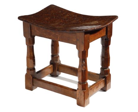 A MOUSEMAN OAK JOINT STOOL BY ROBERT 'MOUSEMAN' THOMPSON (1876-1955), C.1930 with a burr oak dished top, on faceted baluster 