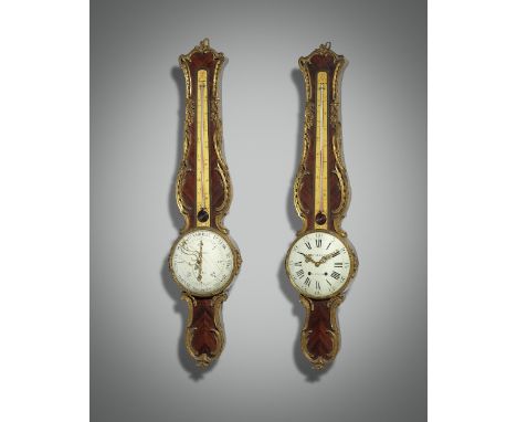 A  FRENCH MAHOGANY AND ORMOLU CARTEL CLOCK AND MATCHING BAROMETER IN LOUIS XV STYLE the wall clock with a brass eight day mov