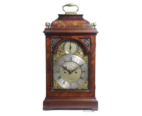 A GEORGE III MAHOGANY BRACKET CLOCK BY SAMUEL HONYCHURCH, LONDON, C.1770 the brass eight day movement with four turned pillar