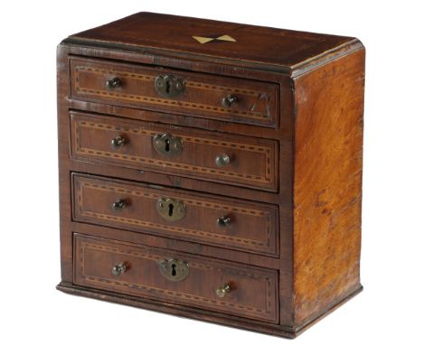 A GEORGE II WALNUT MINIATURE CHEST MID-18TH CENTURY possibly an apprentice piece, inlaid with chequer banding, the caddy moul