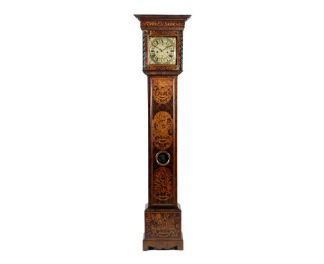 A MARQUETRY LONGCASE CLOCK; SIGNED AMBROSE HAWKINS OF WELLS, LATE 17TH CENTURY AND LATER the brass eight day movement with fo