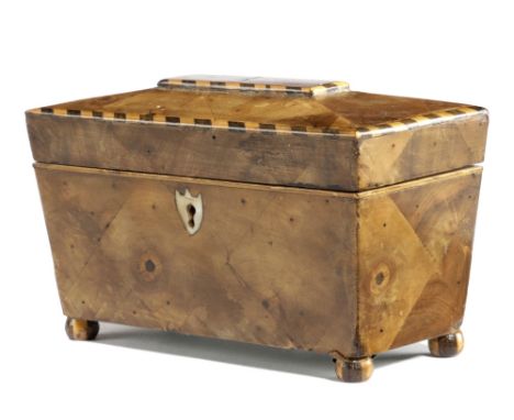 A REGENCY WALNUT MINIATURE CADDY EARLY 19TH CENTURY of sarcophagus form, with segmented oyster veneers and barber's pole stri