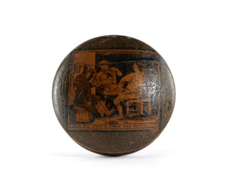 A SCOTTISH SYCAMORE AND PENWORK SNUFF BOX EARLY 19TH CENTURY of disc form, the lid decorated with a tavern scene after Robbie