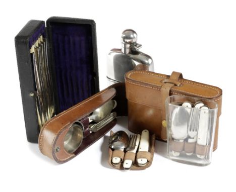 λ A COLLECTION OF CAMPAIGN ITEMS 19TH / 20TH CENTURY comprising: folding cutlery sets in brown leather cases, a cased set of 