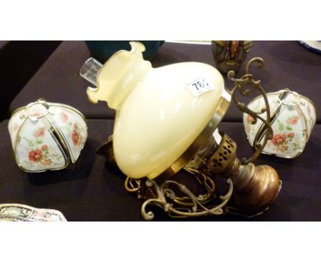 FRENCH CEILING LIGHT. French brass and glass ceiling light fitting and two other shades