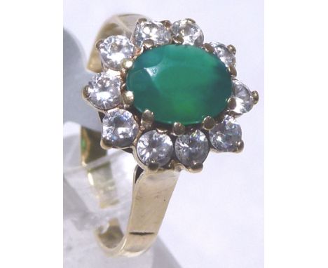 EMERALD & CZ CLUSTER RING. 9 ct gold emerald and CZ cluster ring, size P