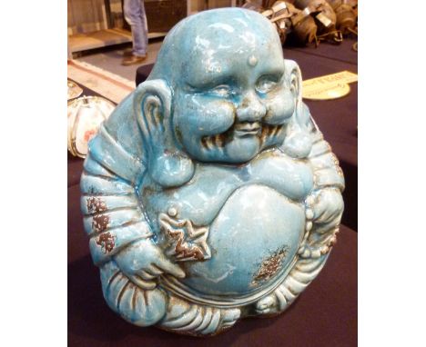 GARDEN BUDDHA. Large blue ceramic garden Buddha, H: 38 cm