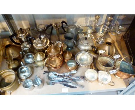 MIXED METAL WARE. Shelf of mixed metal ware including copper and brass