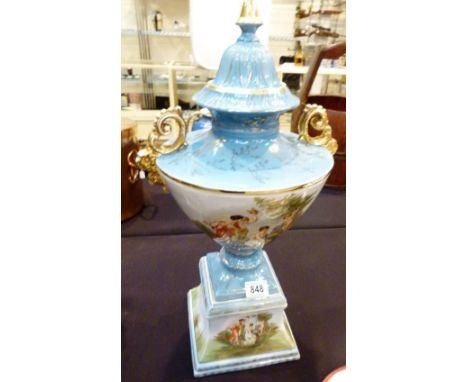 LARGE LIDDED POT. Large ceramic transfer printed lidded pot on matching stand, H: 60 cm