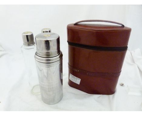 SPORTING SET. Leather cased sporting set including flask and decanters for coffee, whisky and cognac 