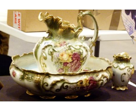 VICTORIAN TOILETTE SET. Victorian Staffordshire ceramic toilette set including ewer and bowl