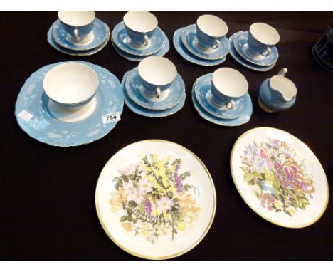 COLCLOUGH TEA SERVICE. Colclough blue and white leaf pattern tea service and two caverswall chargers