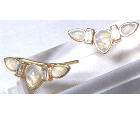 EAR CLIMBERS. Two gold plated Australian opal ear climbers 