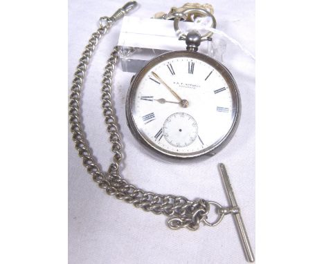 SILVER POCKET WATCH. Hallmarked silver open face key wind pocket watch with white metal Albert chain, assay Chester 1898, mak