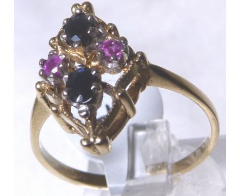 RUBY & SAPPHIRE RING. 9 ct gold fancy ruby and sapphire ring, size Q