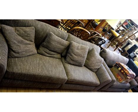 A modern three seater sofa, and matching two seater sofa, each upholstered in a white and brown striped material, originally 