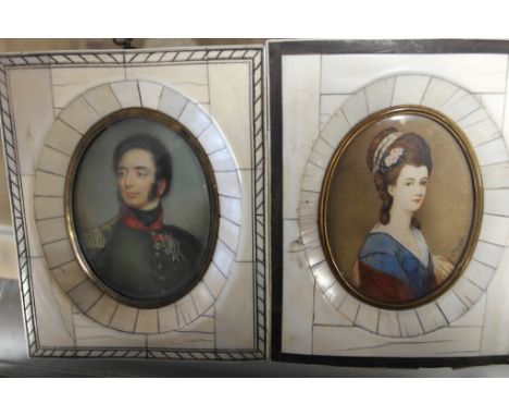 A pair of Continental School portrait miniatures depicting a lady and military gentleman, both signed