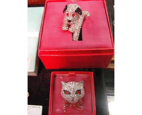 A Butler and Wilson cased diamante set dog bangle and cat brooch