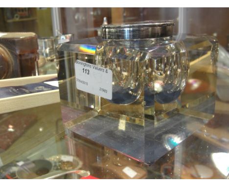 A large glass and HM silver lidded inkwell with crest to top
