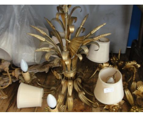 Three wheatsheaf wall lights: 1 x 5 light wheatsheaf chandeliers, 1 x 3 light chandelier and 2 wheatsheaf wall lights - metal