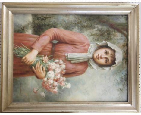 Follower of Charles Sillem Lidderdale (1830-1895):
Portrait of a girl in a pink dress & white bonnet in a landscape, oil on c