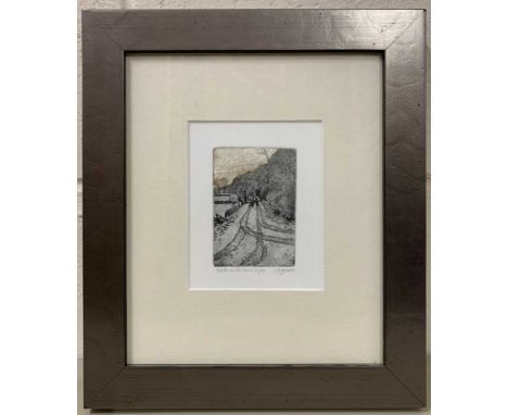 British, contemporary, 'Tracks in the Snow', hand coloured etching, limited edition, numbered (13/90) and signed in pencil to