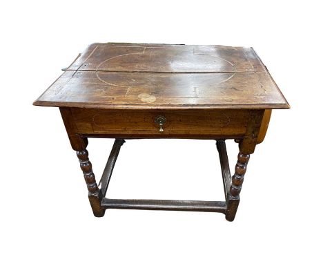 William and Mary period walnut side table with single drawer raised on bobbin turned legs and stretcher base, 76cm wide