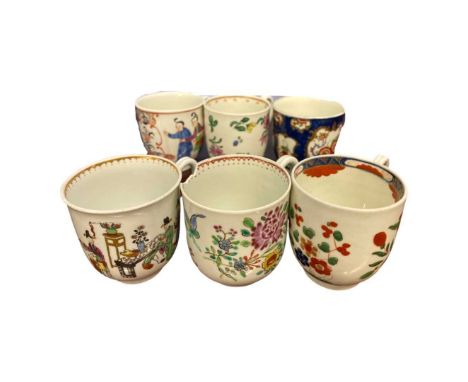 Group of six English porcelain coffee cups, five Worcester porcelain with polychrome designs and further Liverpool example (a