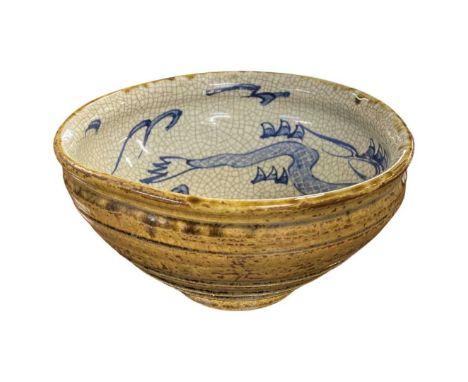 Chinese porcelain bowl, the exterior with a stepped brown glaze, the interior with a crackle effect with dragon chasing a fla